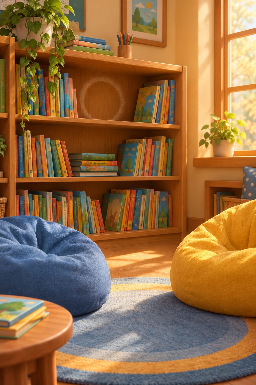 A cozy classroom reading corner with an empty spot on the bookshelf